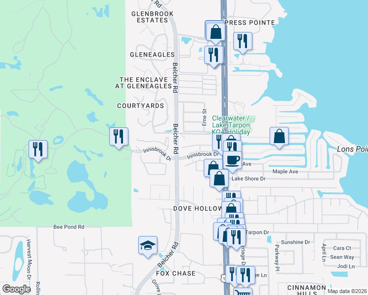 map of restaurants, bars, coffee shops, grocery stores, and more near 2415 Bent Tree Road in Palm Harbor