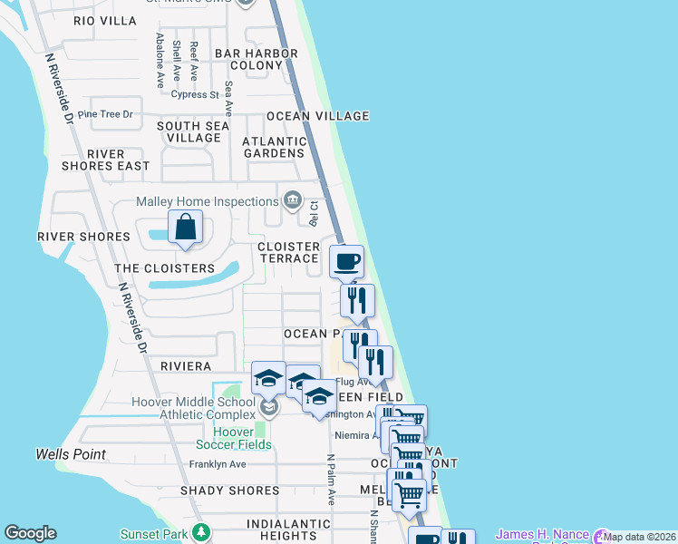 map of restaurants, bars, coffee shops, grocery stores, and more near 1402 North Highway A1A in Indialantic
