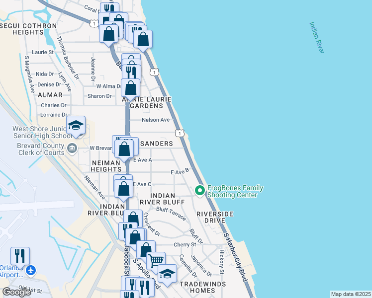 map of restaurants, bars, coffee shops, grocery stores, and more near 10 North Harbor City Boulevard in Melbourne