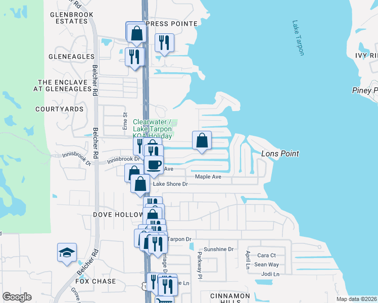 map of restaurants, bars, coffee shops, grocery stores, and more near 43 Citrus Drive in Palm Harbor