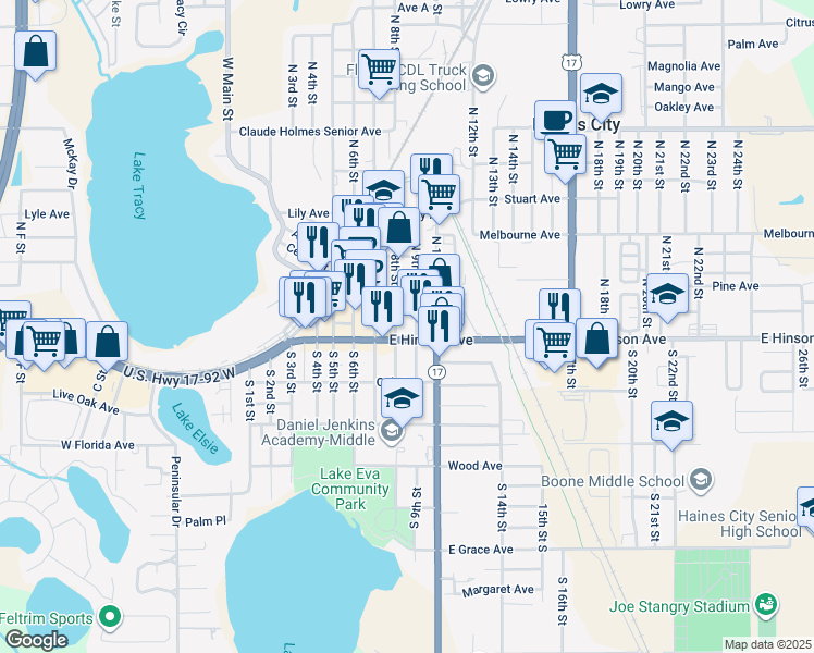 map of restaurants, bars, coffee shops, grocery stores, and more near 800 East Hinson Avenue in Haines City
