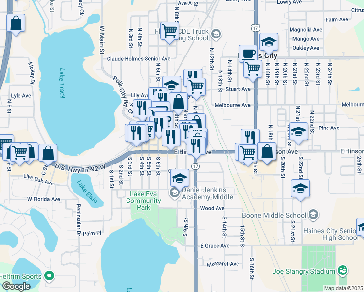 map of restaurants, bars, coffee shops, grocery stores, and more near 800 East Hinson Avenue in Haines City