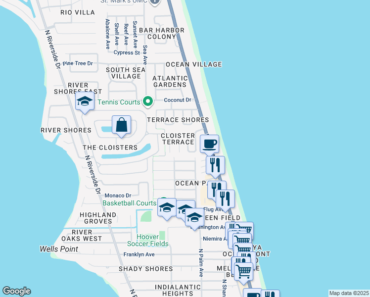 map of restaurants, bars, coffee shops, grocery stores, and more near 189 Ocean Breeze Circle in Indialantic