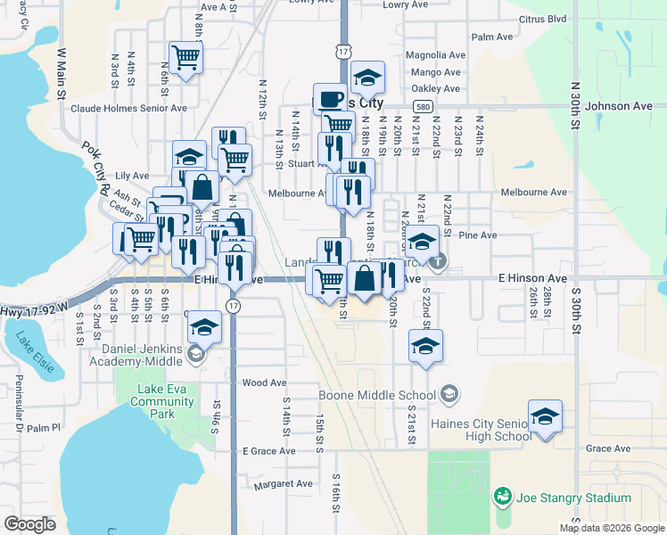 map of restaurants, bars, coffee shops, grocery stores, and more near 1702 East Hinson Avenue in Haines City