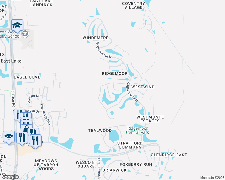 map of restaurants, bars, coffee shops, grocery stores, and more near 3828 Muirfield Court in Palm Harbor