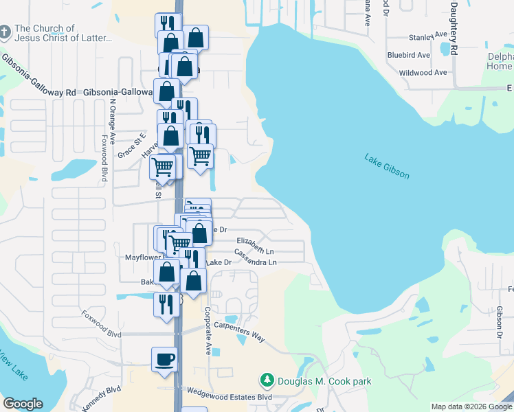 map of restaurants, bars, coffee shops, grocery stores, and more near 803 Fountainview South in Lakeland
