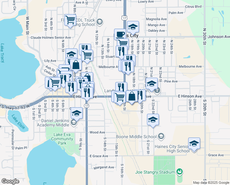 map of restaurants, bars, coffee shops, grocery stores, and more near 2 U.S. 17 in Haines City