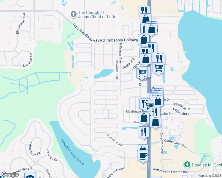 map of restaurants, bars, coffee shops, grocery stores, and more near 1510 Longbow Drive in Lakeland