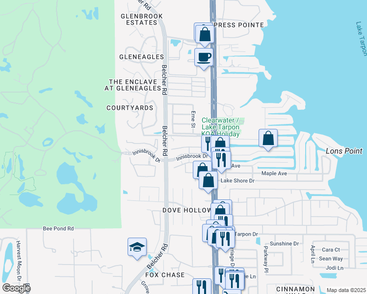 map of restaurants, bars, coffee shops, grocery stores, and more near 2415 Bent Tree Road in Palm Harbor