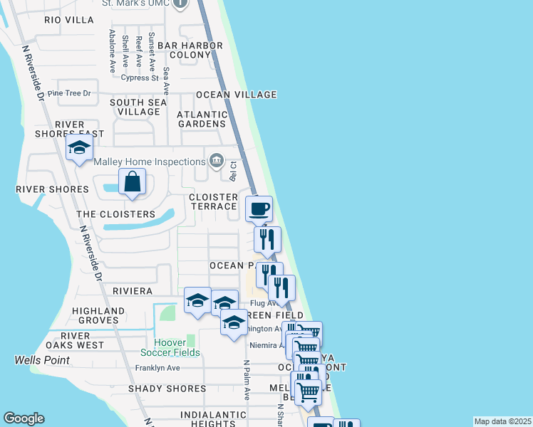 map of restaurants, bars, coffee shops, grocery stores, and more near 1415 North Miramar Avenue in Indialantic