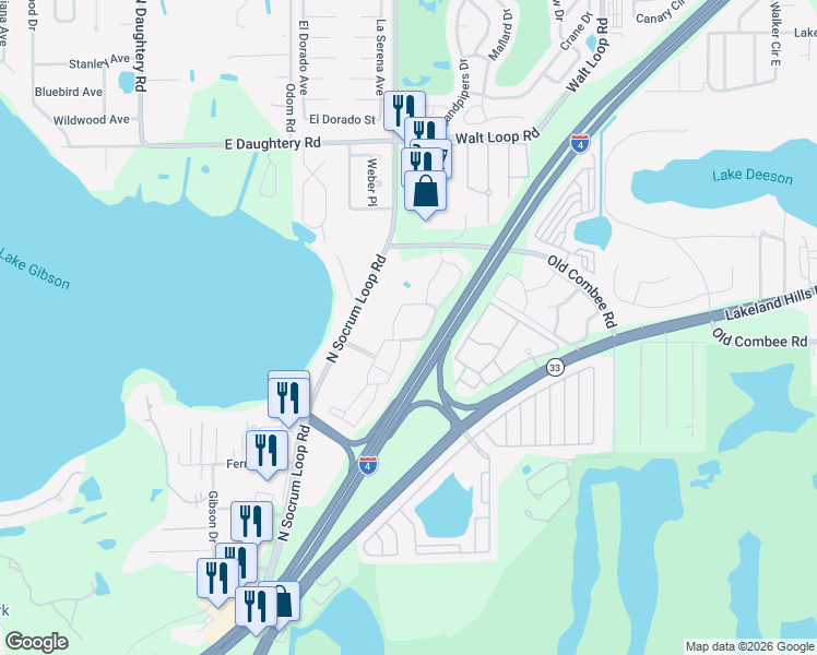 map of restaurants, bars, coffee shops, grocery stores, and more near 5115 North Socrum Loop Road in Lakeland