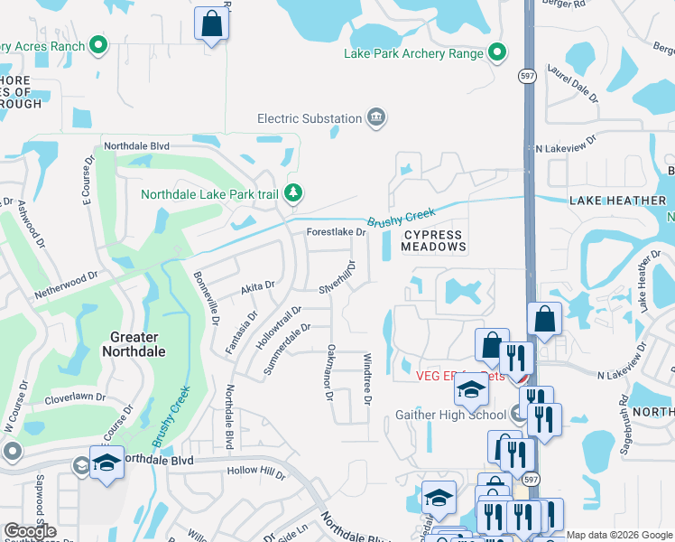 map of restaurants, bars, coffee shops, grocery stores, and more near 16514 Silverhill Drive in Tampa