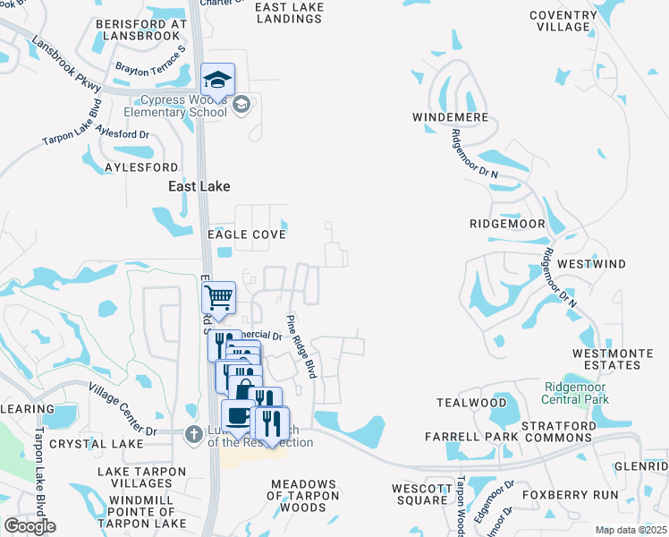 map of restaurants, bars, coffee shops, grocery stores, and more near 3843 Exeter Court in Palm Harbor