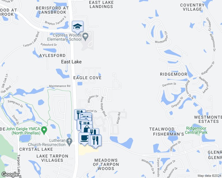 map of restaurants, bars, coffee shops, grocery stores, and more near 3843 Exeter Court in Palm Harbor