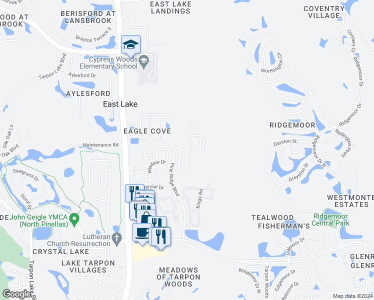 map of restaurants, bars, coffee shops, grocery stores, and more near 3815 Exeter Court in Palm Harbor