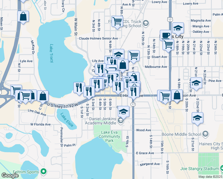 map of restaurants, bars, coffee shops, grocery stores, and more near 500 East Hinson Avenue in Haines City