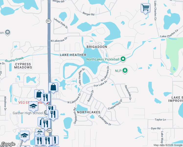 map of restaurants, bars, coffee shops, grocery stores, and more near 16604 Lake Heather Drive in Tampa