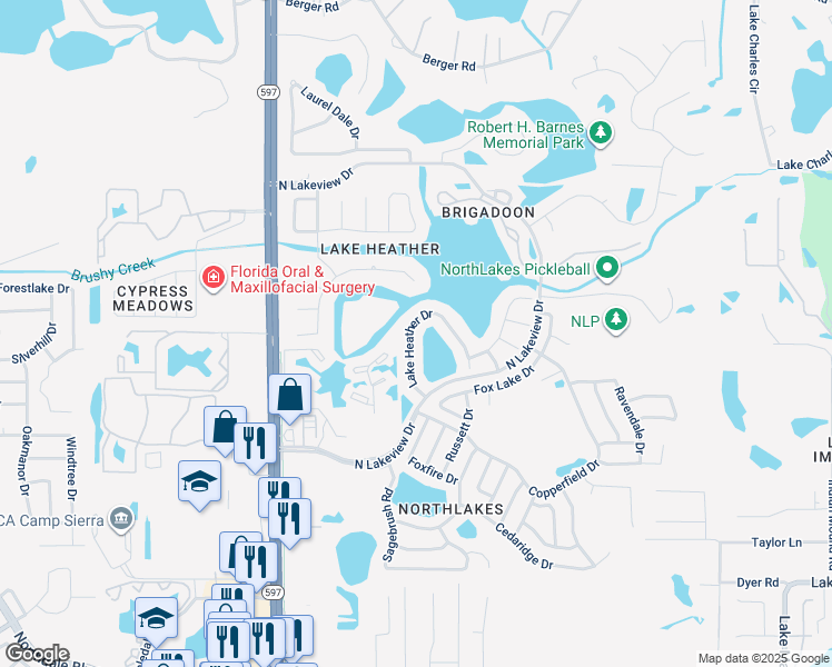 map of restaurants, bars, coffee shops, grocery stores, and more near 16501 Lake Heather Drive in Tampa