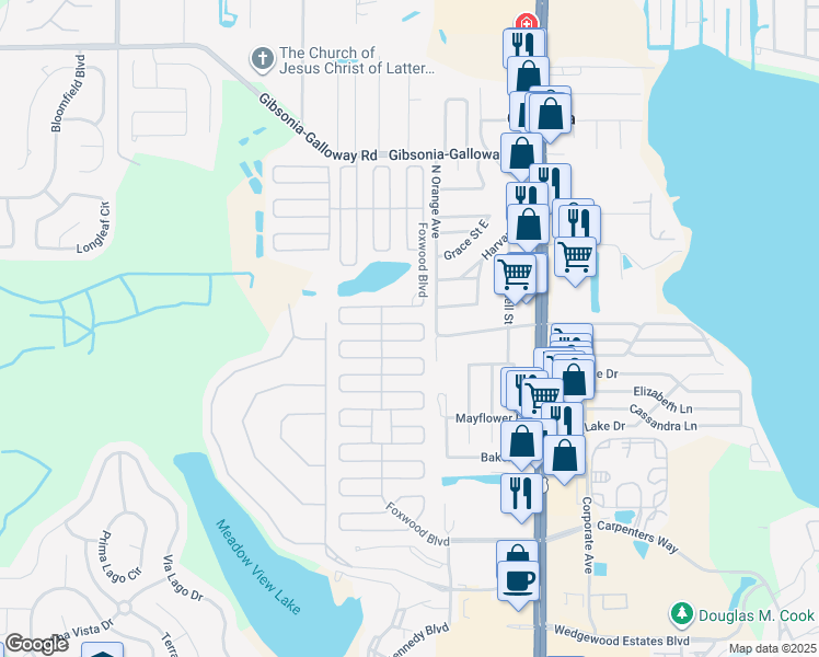 map of restaurants, bars, coffee shops, grocery stores, and more near 1510 Longbow Drive in Lakeland