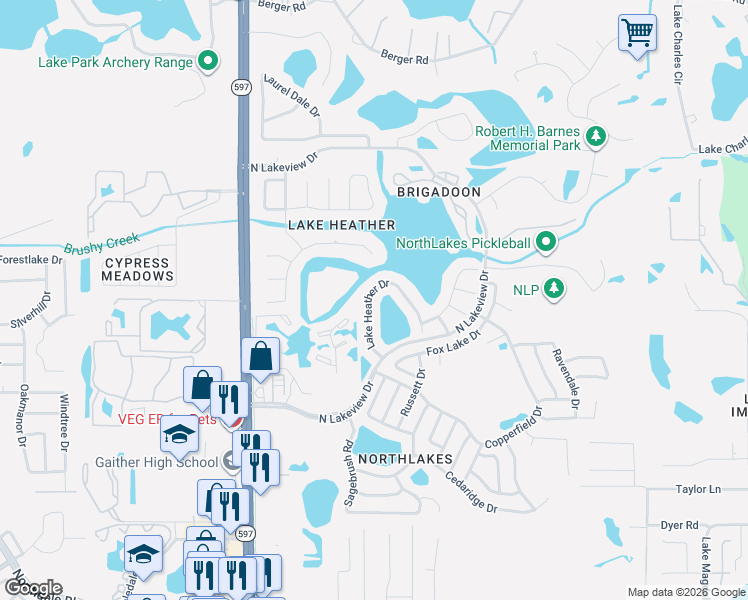 map of restaurants, bars, coffee shops, grocery stores, and more near 16501 Lake Heather Drive in Tampa