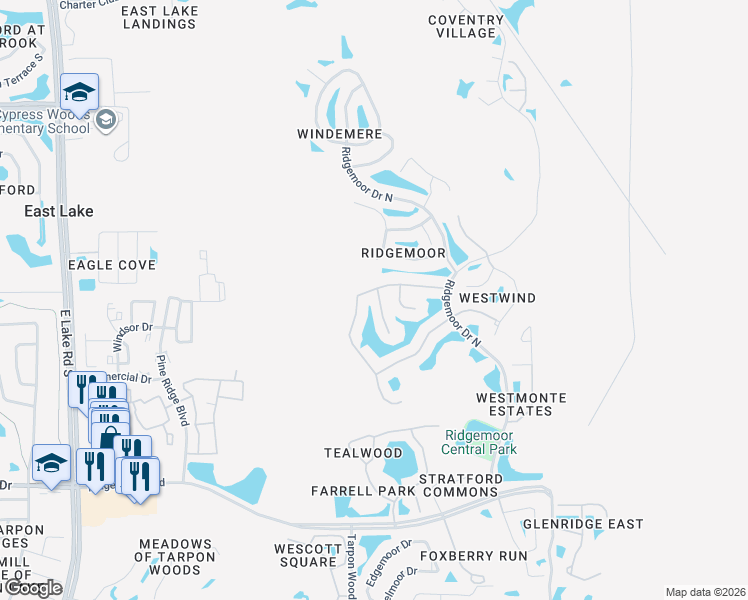 map of restaurants, bars, coffee shops, grocery stores, and more near 3876 Timber Ridge Court in Palm Harbor