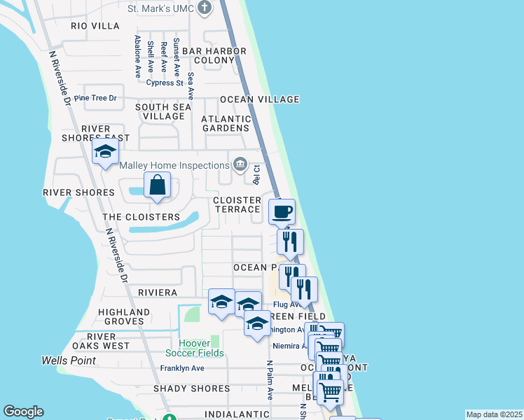 map of restaurants, bars, coffee shops, grocery stores, and more near Ocean Breeze Circle in Brevard County