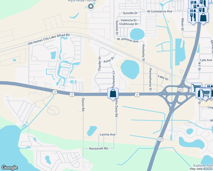map of restaurants, bars, coffee shops, grocery stores, and more near 223 Remington Place in Haines City