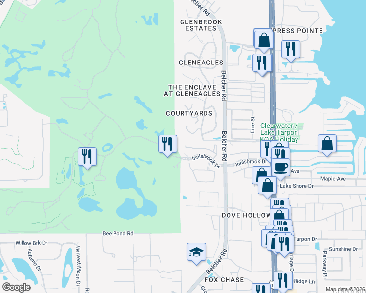 map of restaurants, bars, coffee shops, grocery stores, and more near 2101 Innisbrook Drive in Palm Harbor