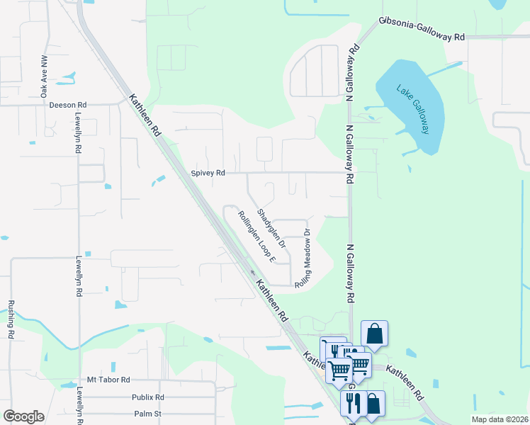 map of restaurants, bars, coffee shops, grocery stores, and more near 5039 Rollinglen Loop East in Lakeland
