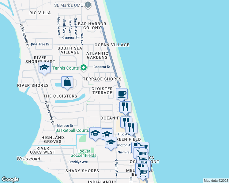 map of restaurants, bars, coffee shops, grocery stores, and more near 117 Ocean Breeze Circle in Indialantic