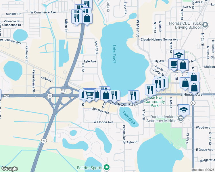 map of restaurants, bars, coffee shops, grocery stores, and more near 153 McKay Drive in Haines City
