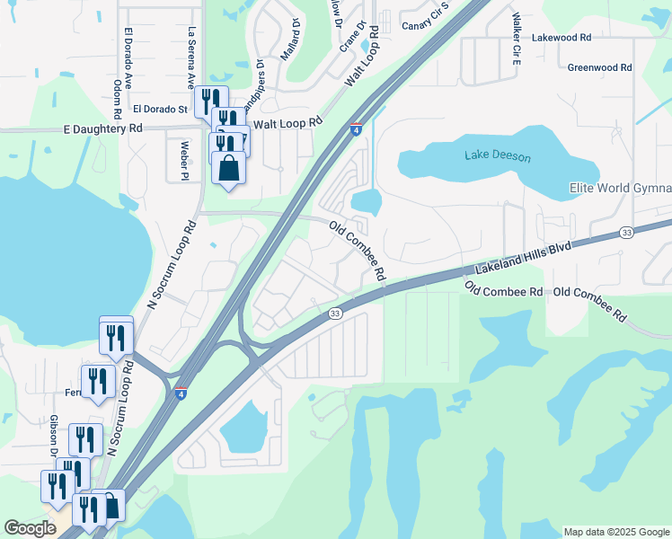 map of restaurants, bars, coffee shops, grocery stores, and more near 5065 Menlo Parke Way in Lakeland