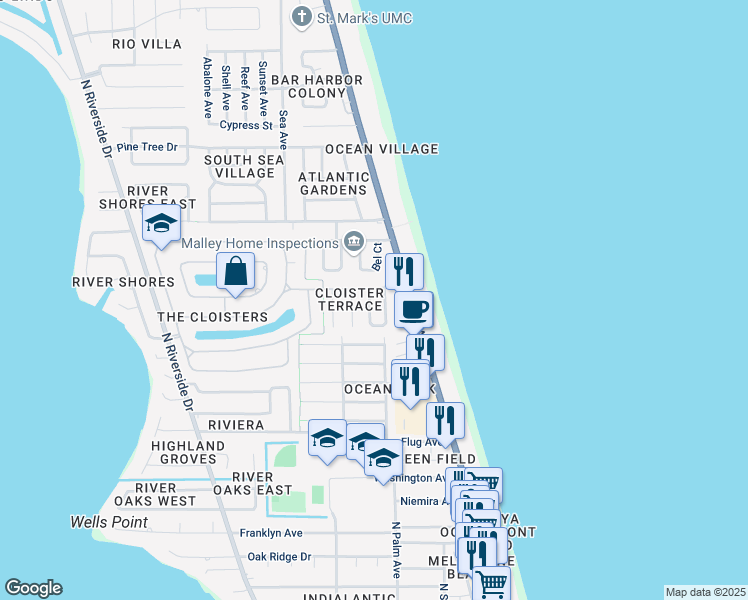 map of restaurants, bars, coffee shops, grocery stores, and more near 212 Ocean Breeze Circle in Indialantic