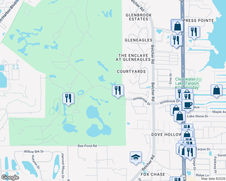 map of restaurants, bars, coffee shops, grocery stores, and more near Innisbrook Drive in Palm Harbor