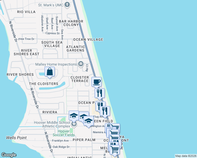 map of restaurants, bars, coffee shops, grocery stores, and more near 1515 North Miramar Avenue in Indialantic