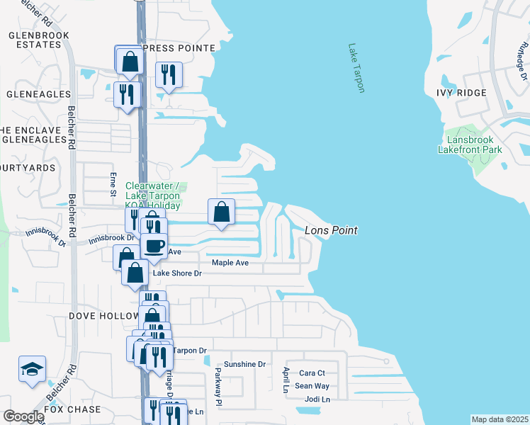 map of restaurants, bars, coffee shops, grocery stores, and more near 249 West Canal Drive in Palm Harbor