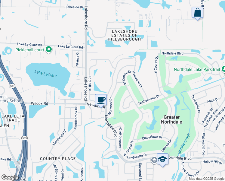 map of restaurants, bars, coffee shops, grocery stores, and more near 16510 Norwood Drive in Tampa