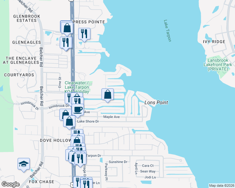 map of restaurants, bars, coffee shops, grocery stores, and more near 29 Cypress Drive in Palm Harbor