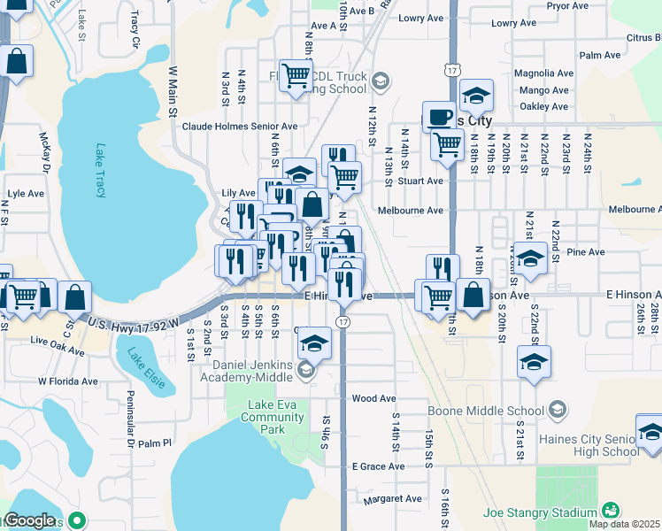 map of restaurants, bars, coffee shops, grocery stores, and more near 109 North 9th Street in Haines City