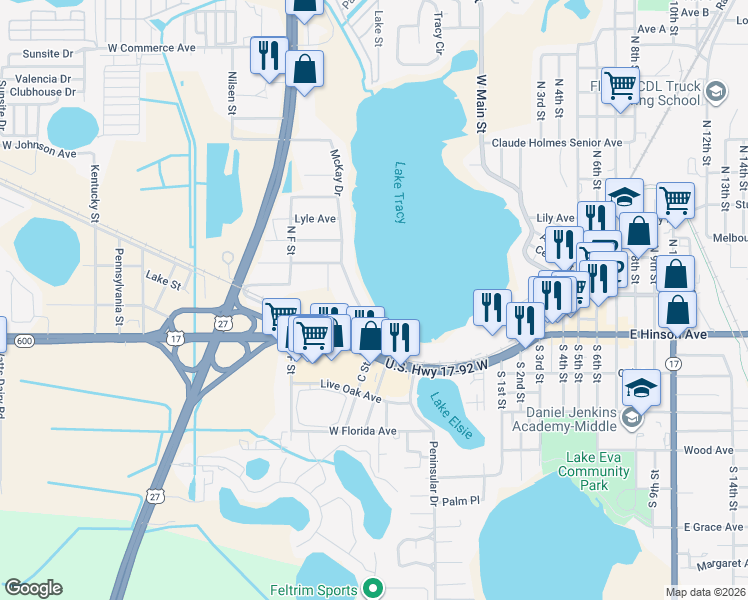 map of restaurants, bars, coffee shops, grocery stores, and more near 153 McKay Drive in Haines City