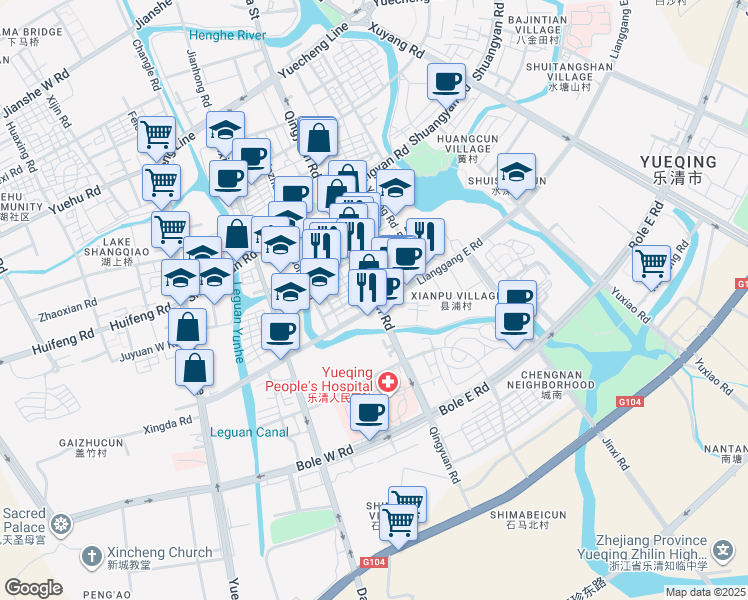 map of restaurants, bars, coffee shops, grocery stores, and more near Qing Yuan Lu in Wen Zhou Shi