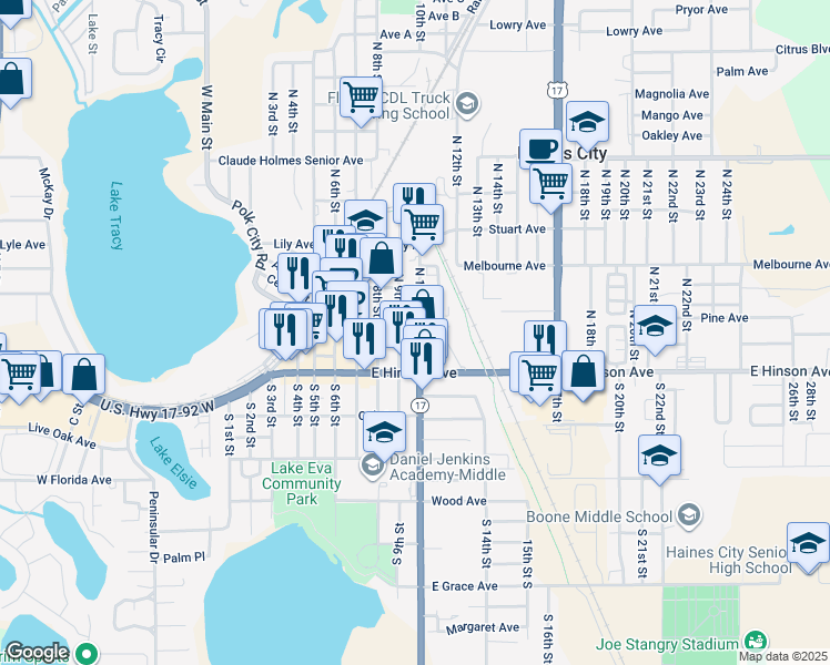 map of restaurants, bars, coffee shops, grocery stores, and more near 969 East Main Street in Haines City