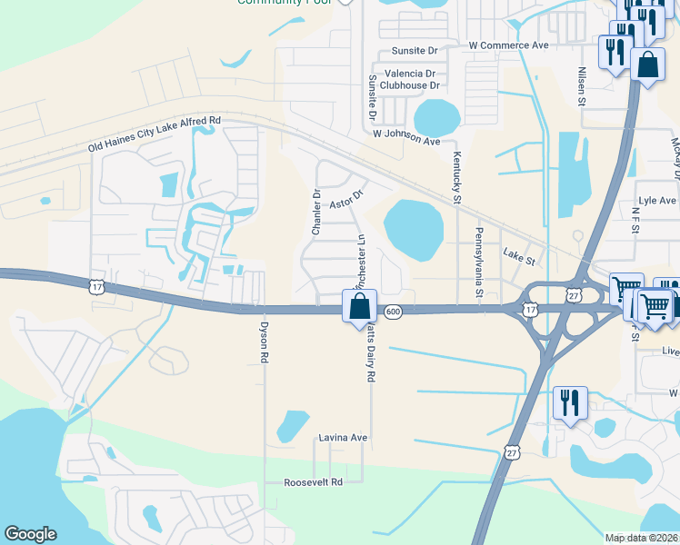 map of restaurants, bars, coffee shops, grocery stores, and more near 224 Remington Place in Haines City