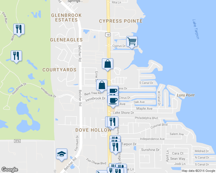 map of restaurants, bars, coffee shops, grocery stores, and more near 36750 U.S. 19 in Palm Harbor