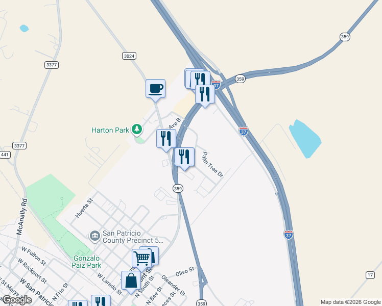 map of restaurants, bars, coffee shops, grocery stores, and more near 328 Redwood Drive in Mathis
