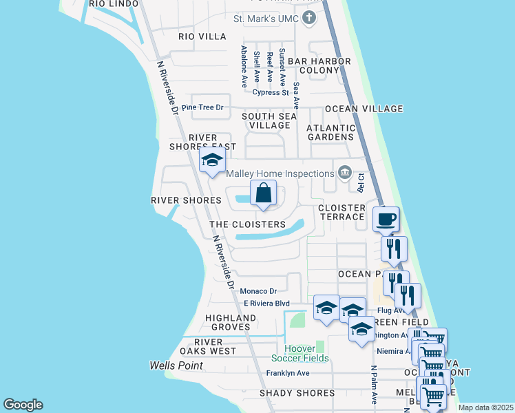 map of restaurants, bars, coffee shops, grocery stores, and more near 300 Newport Drive in Indialantic