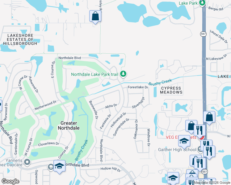 map of restaurants, bars, coffee shops, grocery stores, and more near 16413 Bonneville Drive in Tampa