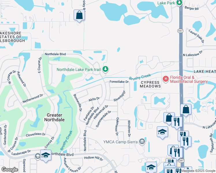 map of restaurants, bars, coffee shops, grocery stores, and more near 16518 Lonesdale Place in Tampa