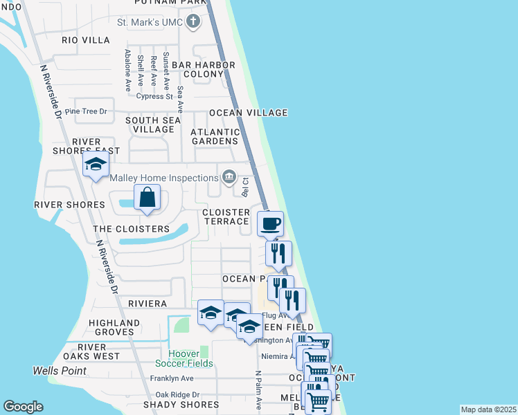 map of restaurants, bars, coffee shops, grocery stores, and more near 1520 North Highway A1A in Indialantic