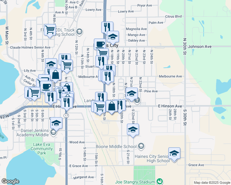 map of restaurants, bars, coffee shops, grocery stores, and more near 19 North 18th Street in Haines City